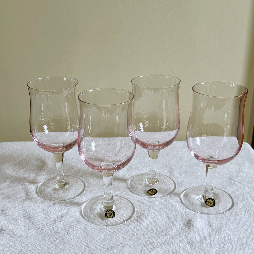 Sasaki Japan Pink Crystal Wine Glasses Set 4 NEW Vintage Stemware w Box NEW